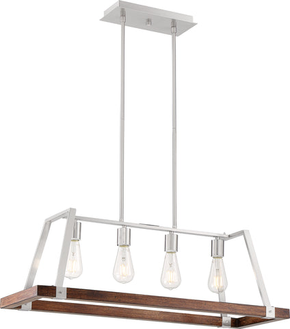 Outrigger 4 Light Kitchen Pendant Fixture - Brushed Nickel and Nutmeg Wood
