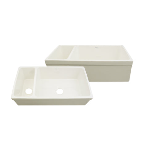 Farmhaus Fireclay Quatro Alcove Large Reversible Sink and Small Bowl with Decorative 2 «" Lip on Both Sides