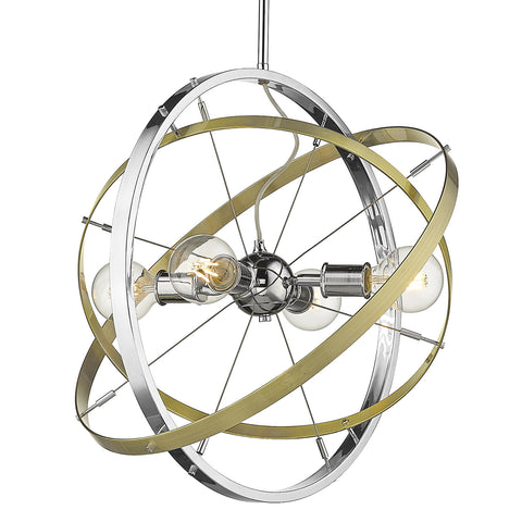 Atom Chrome 4 Light Chandelier - Aged Brass Rings