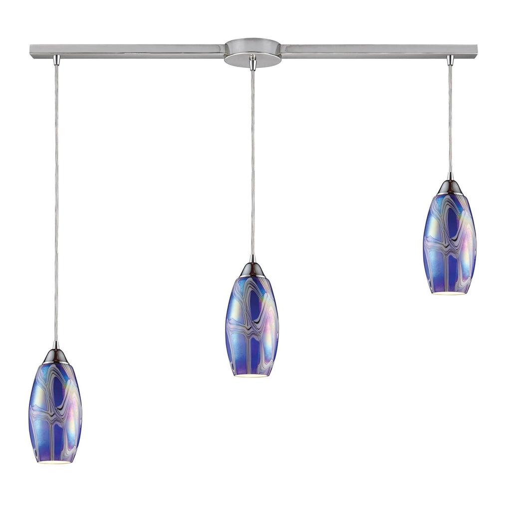 Iridescence 3 Light Pendant In Satin Nickel And Storm Blue Glass Ceiling Elk Lighting 