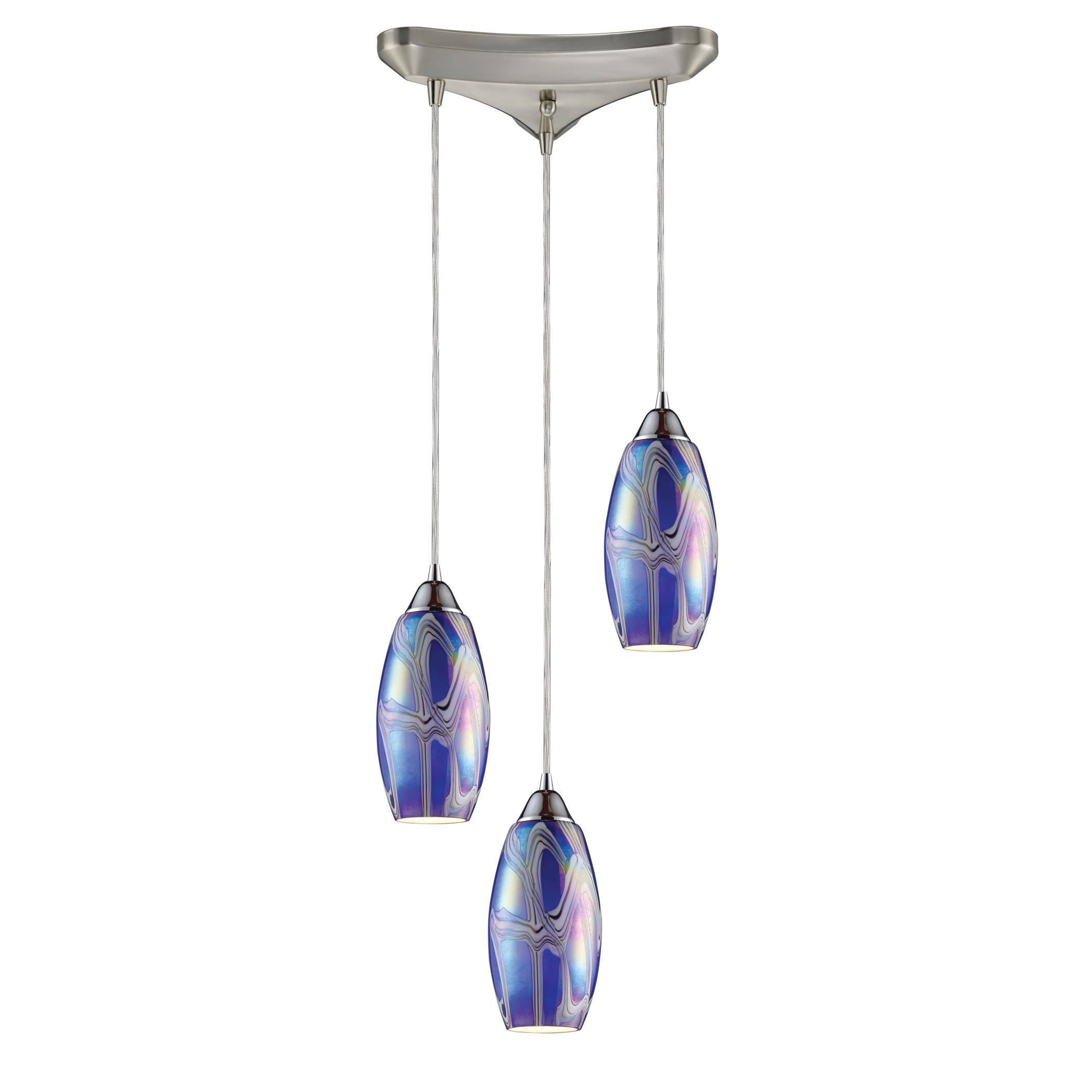 Iridescence 3 Light Pendant In Satin Nickel And Storm Blue Glass Ceiling Elk Lighting 