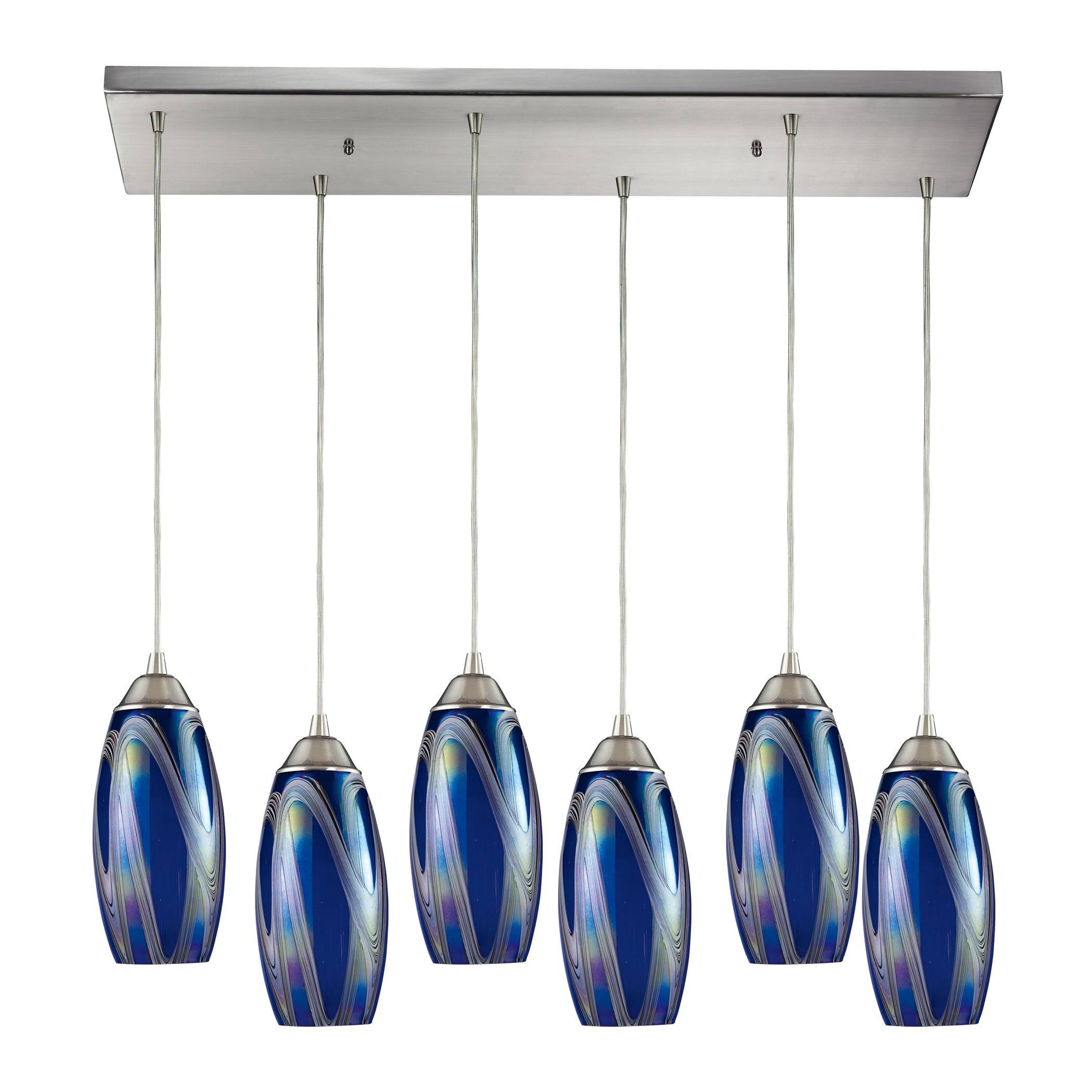 Iridescence 6 Light Pendant In Satin Nickel And Storm Blue Glass Ceiling Elk Lighting 