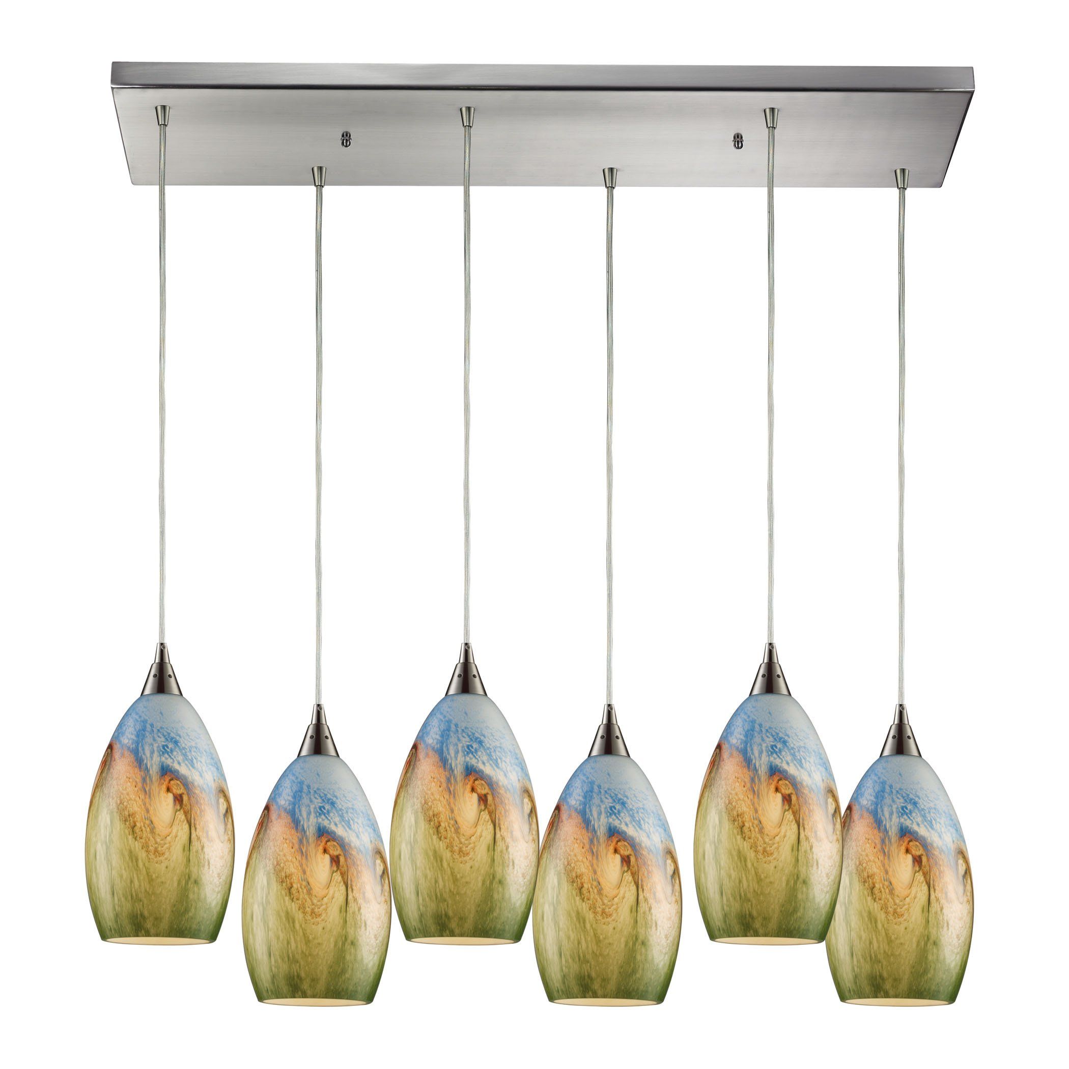 Geologic 6 Light Pendant In Satin Nickel And Multicolor Glass Ceiling Elk Lighting 