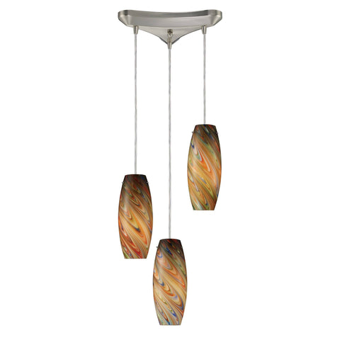Vortex 3 Light Pendant In Satin Nickel And Rainbow Glass Ceiling Elk Lighting 