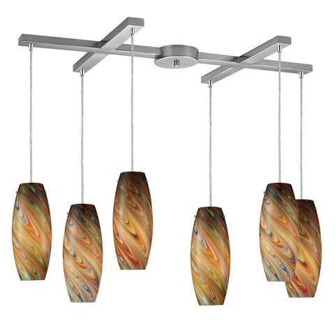 Vortex 6 Light Pendant In Satin Nickel And Rainbow Glass Ceiling Elk Lighting 
