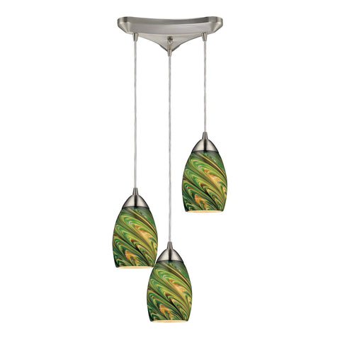 Mini Vortex 3 Light Pendant In Satin Nickel And Evergreen Glass Ceiling Elk Lighting 
