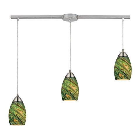 Mini Vortex 3 Light Pendant In Satin Nickel And Evergreen Glass Ceiling Elk Lighting 