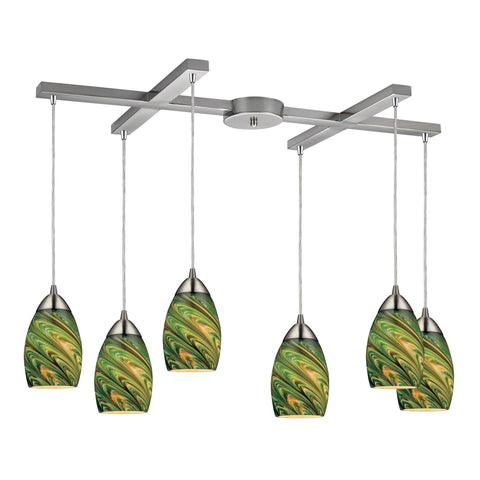 Mini Vortex 6 Light Pendant In Satin Nickel And Evergreen Glass Ceiling Elk Lighting 