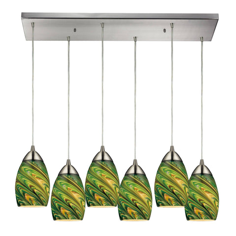 Mini Vortex 6 Light Pendant In Satin Nickel And Evergreen Glass Ceiling Elk Lighting 