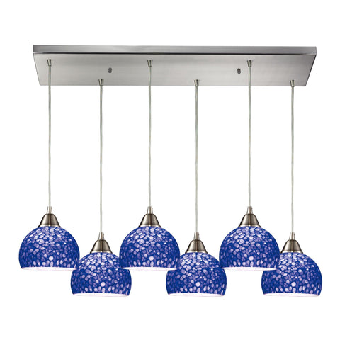 Cira 6 Light Pendant In Satin Nickel And Pebbled Blue Glass Ceiling Elk Lighting 