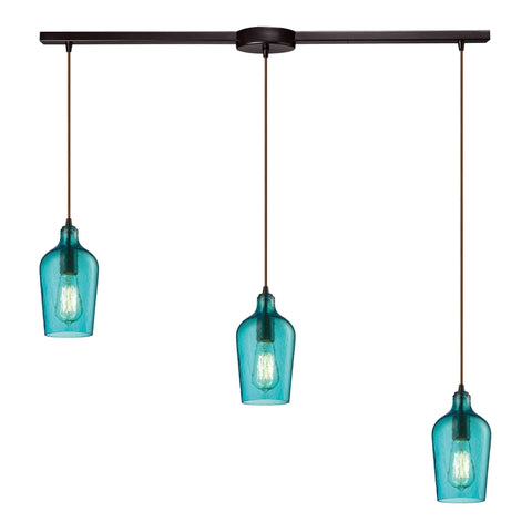 Hammered Glass 3 Light Pendant In Oil Rubbed Bronze And Aqua Glass Ceiling Elk Lighting 