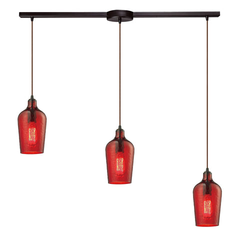 Hammered Glass 3 Light Pendant In Oil Rubbed Bronze And Red Glass Ceiling Elk Lighting 