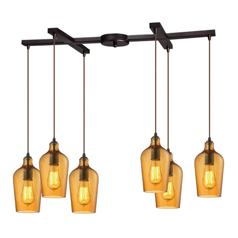 Hammered Glass 6 Light Pendant In Oil Rubbed Bronze And Amber Glass Ceiling Elk Lighting 