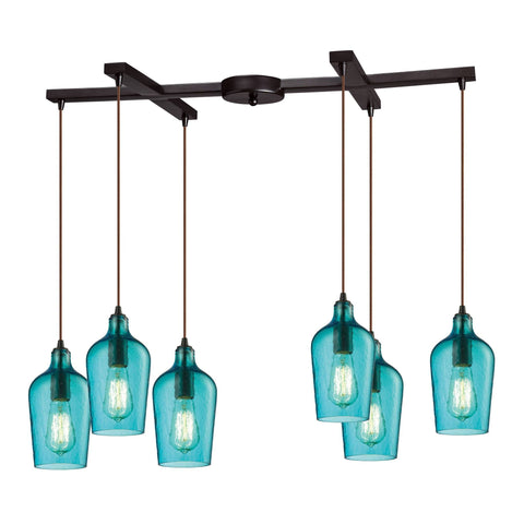 Hammered Glass 6 Light Pendant In Oil Rubbed Bronze And Aqua Glass Ceiling Elk Lighting 