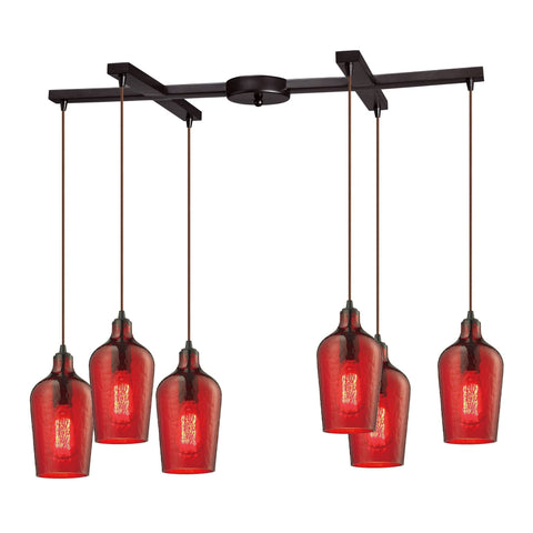 Hammered Glass 6 Light Pendant In Oil Rubbed Bronze And Red Glass Ceiling Elk Lighting 