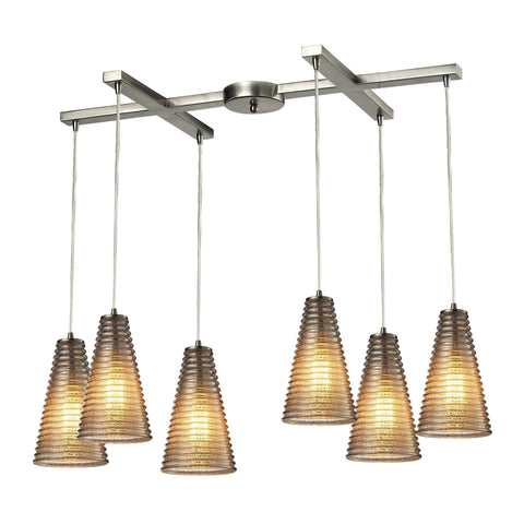 Ribbed Glass 6 Light Pendant In Satin Nickel And Mercury Glass Ceiling Elk Lighting 