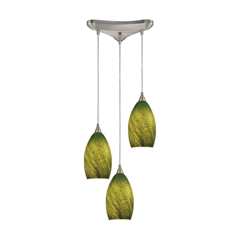 Earth 3 Light Pendant In Satin Nickel And Grass Green Glass Ceiling Elk Lighting 