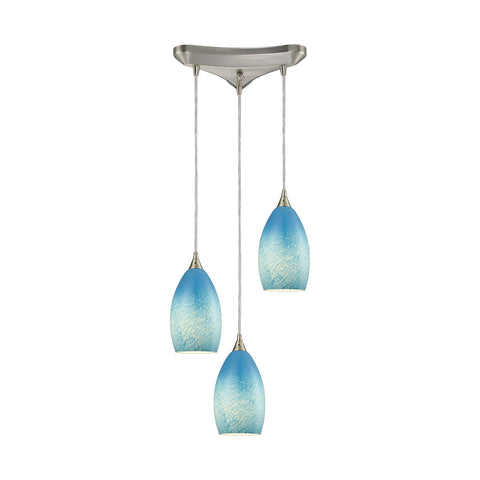 Earth 3 Light Pendant In Satin Nickel And Sky Blue Glass Ceiling Elk Lighting 