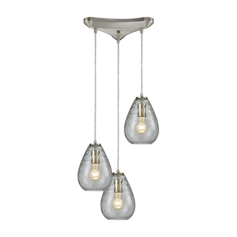 Lagoon 3-Light Triangle Pan In Satin Nickel With Clear Water Glass Pendant Ceiling Elk Lighting 