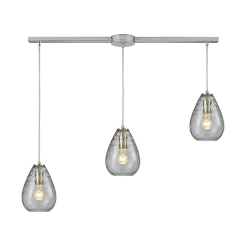 Lagoon 3-Light Linear Bar In Satin Nickel With Clear Water Glass Pendant Ceiling Elk Lighting 