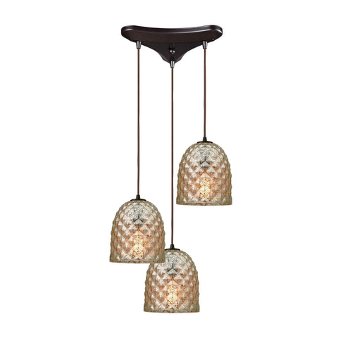 Brimley 3-Light Triangle Pan In Oil Rubbed Bronze With Raised Diamond Texture Mercury Glass Pendant Ceiling Elk Lighting 