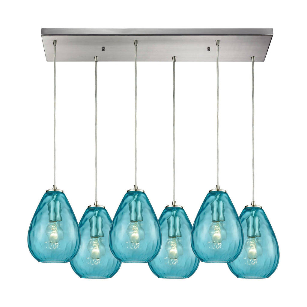 Lagoon 6-Light Rectangle In Satin Nickel With Aqua Water Glass Pendant Ceiling Elk Lighting 