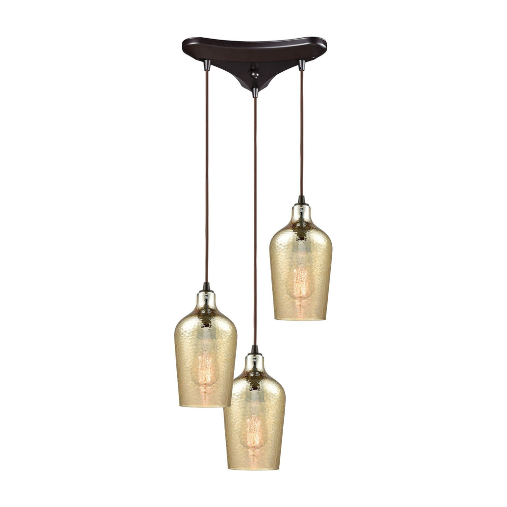 Hammered Glass 3 Light Triangle Pan Fixture In Oil Rubbed Bronze With Hammered Amber Plated Glass Ceiling Elk Lighting 