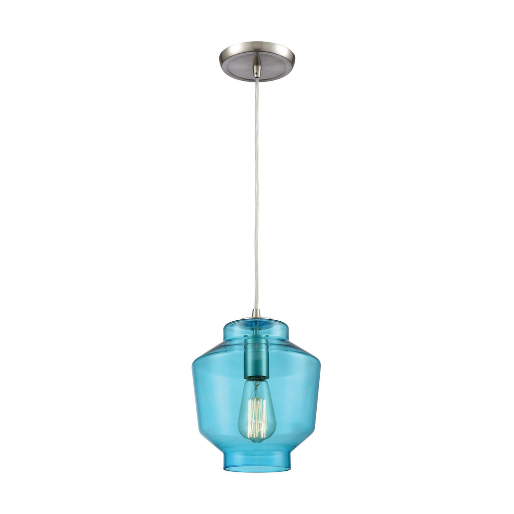 Barrel 8"w Satin Nickel Mini Pendant with Aqua Glass Ceiling Elk Lighting Default Value 