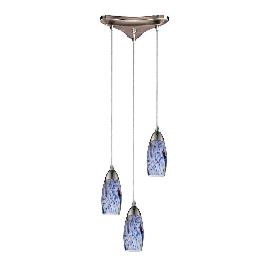 Milan 3 Light Pendant In Satin Nickel And Starburst Blue Glass Ceiling Elk Lighting 
