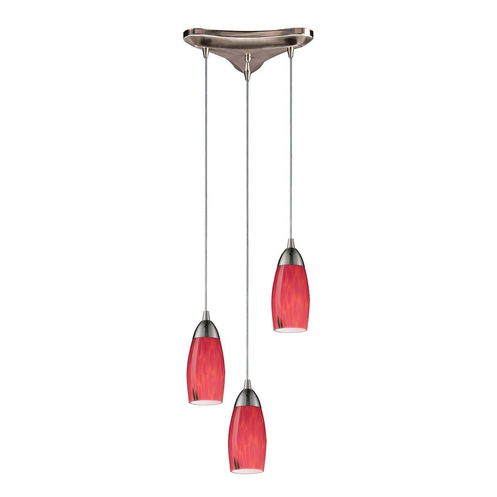 Milan 3 Light Pendant In Satin Nickel And Fire Red Glass Ceiling Elk Lighting 