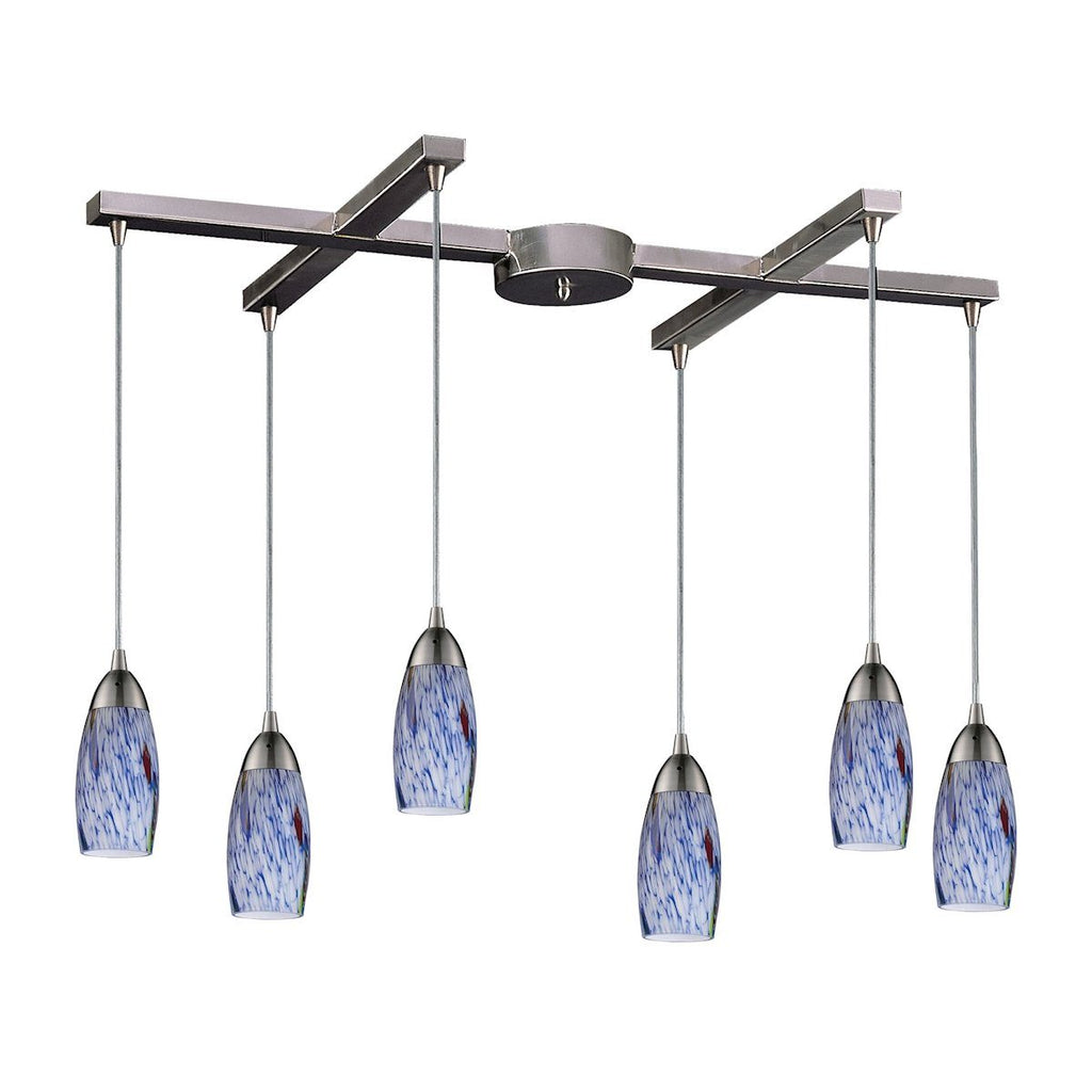 Milan 6 Light Pendant In Satin Nickel And Starburst Blue Glass Ceiling Elk Lighting 
