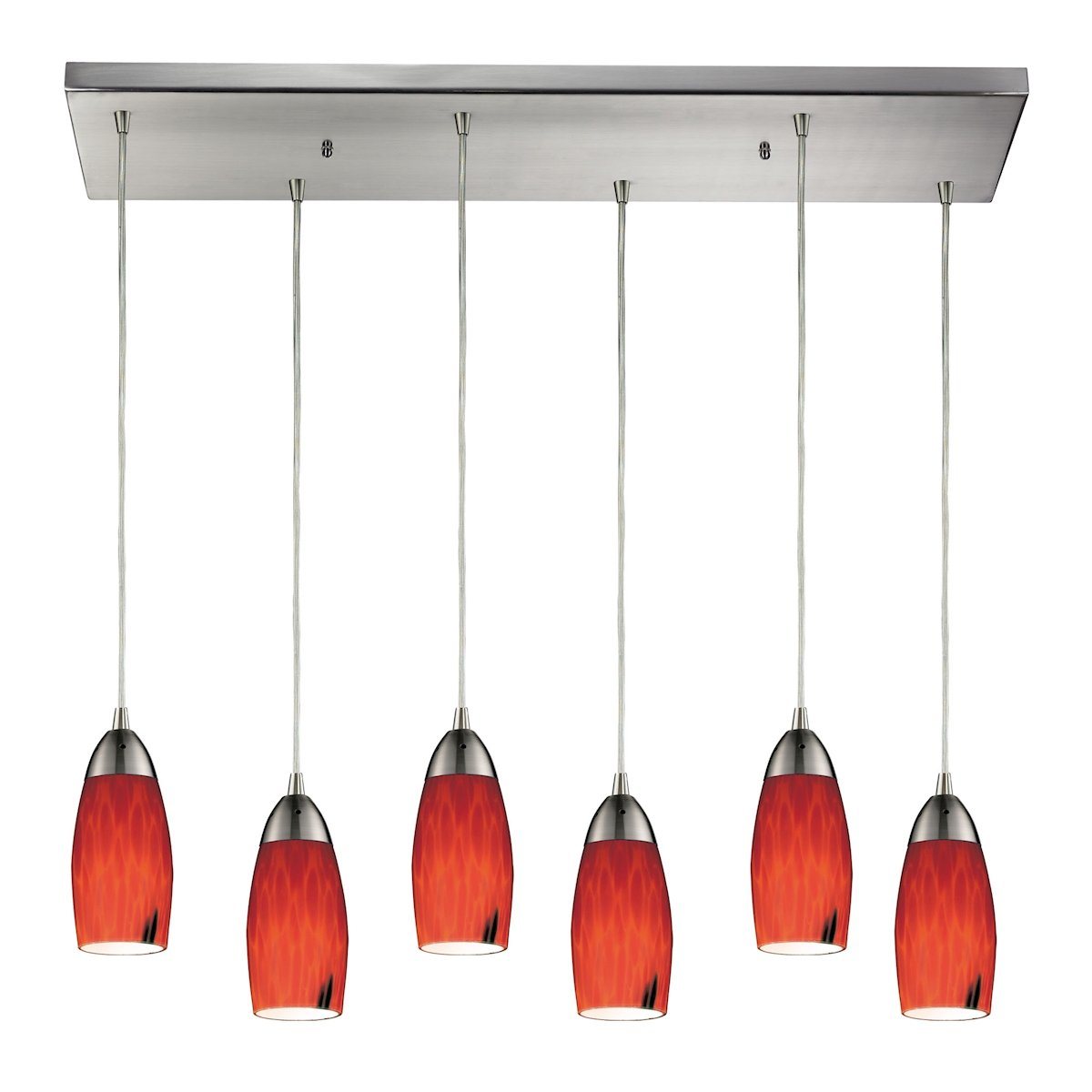 Milan 6 Light Pendant In Satin Nickel And Fire Red Glass Ceiling Elk Lighting 