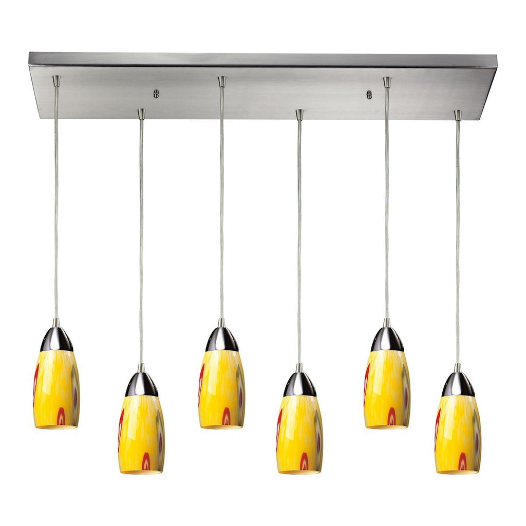 Milan 6 Light Pendant In Satin Nickel And Yellow Blaze Glass Ceiling Elk Lighting 