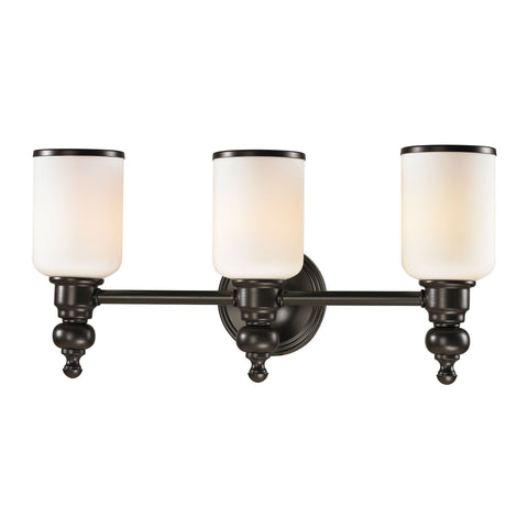 Bristol Way 3 Light Vanity In Oil Rubbed Bronze And Opal White Glass Wall Elk Lighting 
