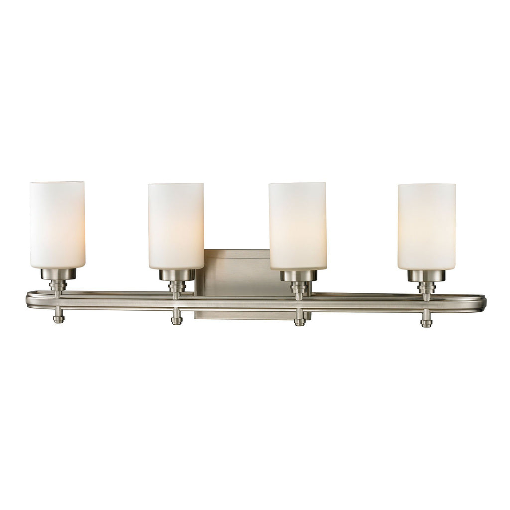 Dawson 4 Light Vanity In Brushed Nickel And Opal White Glass Wall Elk Lighting 