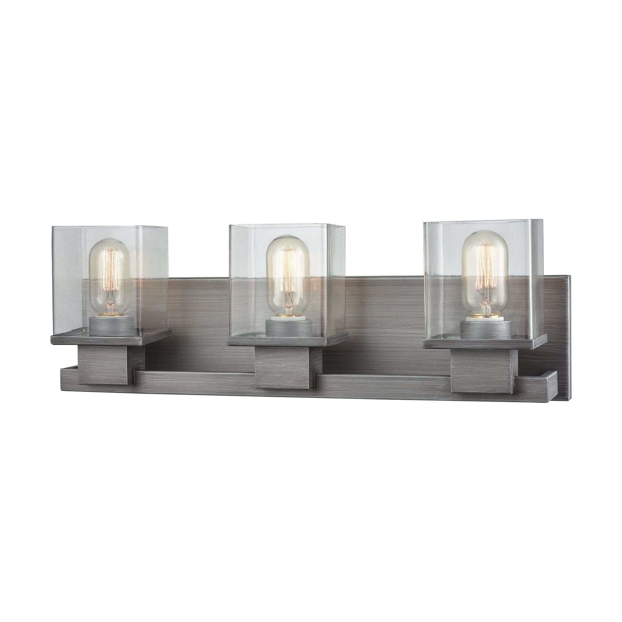 Hotelier 3 Light Vanity In Weathered Zinc With Clear Glass Wall Elk Lighting 