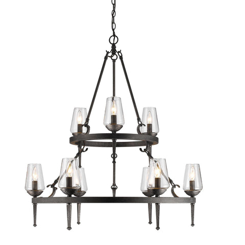 Marcellis 2 Tier - 9 Light Chandelier in Dark Natural Iron with Clear Glass Ceiling Golden Lighting 