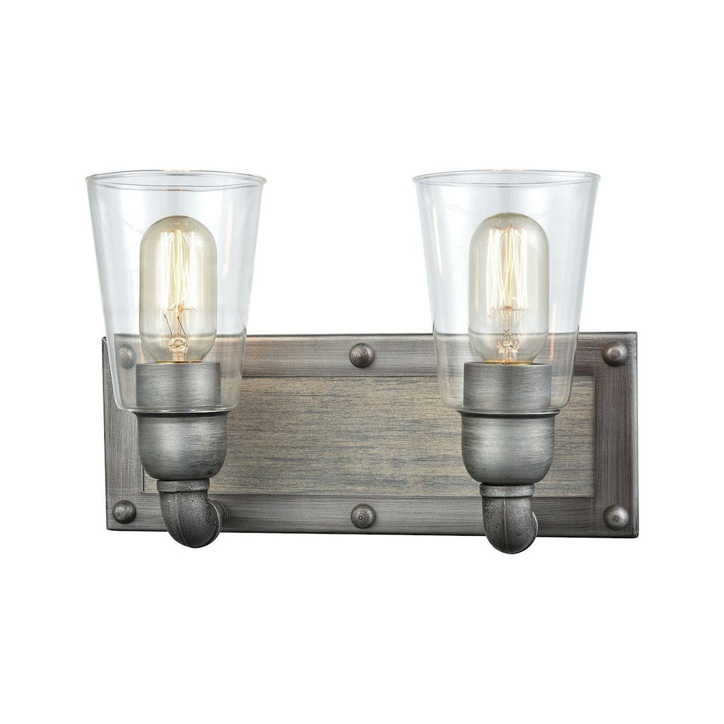 Platform 2 Light Vanity In Weathered Zinc With Washed Wood And Clear Glass Wall Elk Lighting 