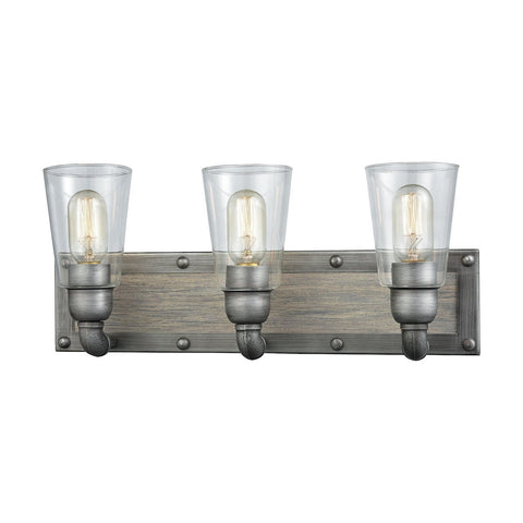 Platform 3 Light Vanity In Weathered Zinc With Washed Wood And Clear Glass Wall Elk Lighting 