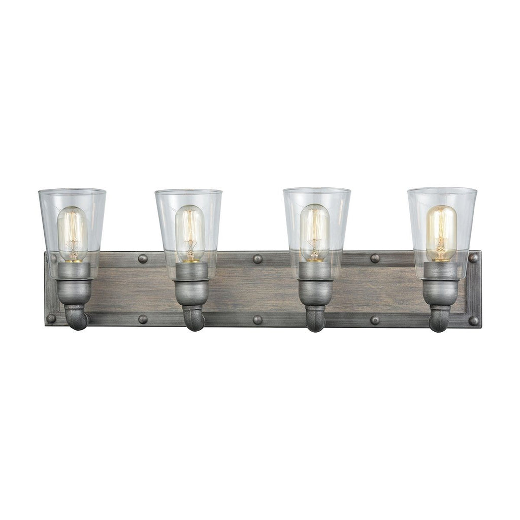 Platform 4 Light Vanity In Weathered Zinc With Washed Wood And Clear Glass Wall Elk Lighting 