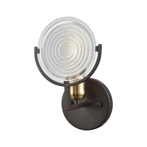 Ocular 1 Light Vanity In Oil Rubbed Bronze With Satin Brass Accents And Clear Railroad Light Glass Wall Elk Lighting 