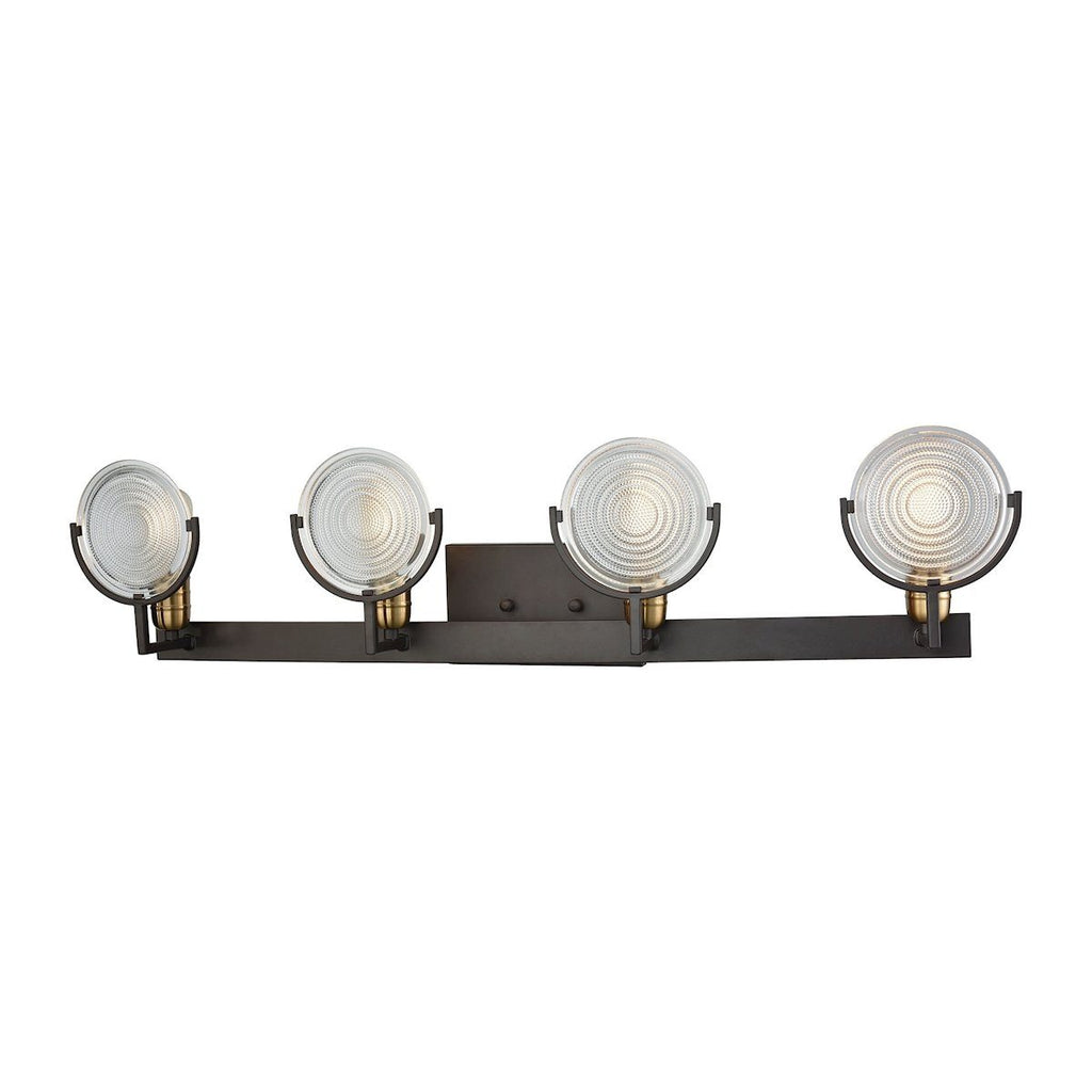 Ocular 4 Light Vanity In Oil Rubbed Bronze With Satin Brass Accents And Clear Railroad Light Glass Wall Elk Lighting 