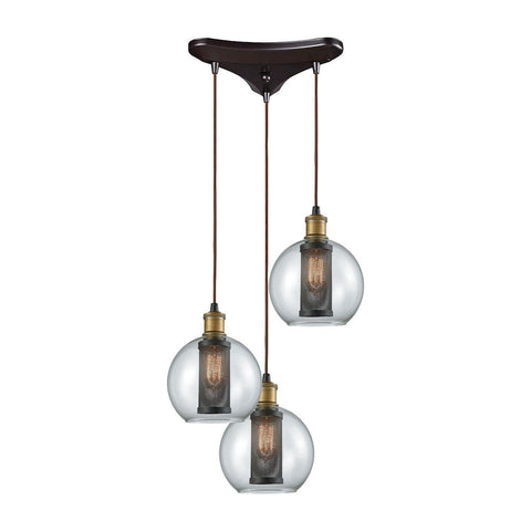 Bremington 3 Light Triangle Pan Pendant In Tarnished Brass/Oil Rubbed Bronze With Clear Glass And Perforated Metal Cage Ceiling Elk Lighting 