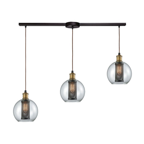 Bremington 3 Light Linear Bar Pendant In Tarnished Brass/Oil Rubbed Bronze With Clear Glass And Perforated Metal Cage Ceiling Elk Lighting 