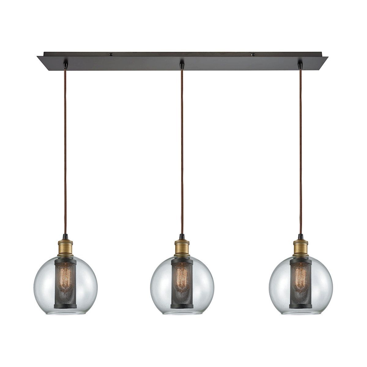 Bremington 3 Light Linear Pan Pendant In Tarnished Brass/Oil Rubbed Bronze With Clear Glass And Perforated Metal Cage Ceiling Elk Lighting 