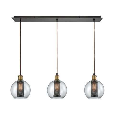 Bremington 3 Light Linear Pan Pendant In Tarnished Brass/Oil Rubbed Bronze With Clear Glass And Perforated Metal Cage