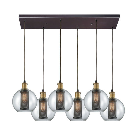 Bremington 6 Light Rectangle Pendant In Tarnished Brass/Oil Rubbed Bronze With Clear Glass And Perforated Metal Cage Ceiling Elk Lighting 