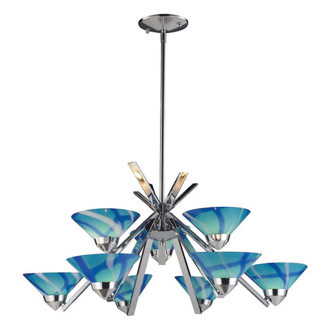 Refraction 9 Light Chandelier In Polished Chrome And Carribean Glass Ceiling Elk Lighting 