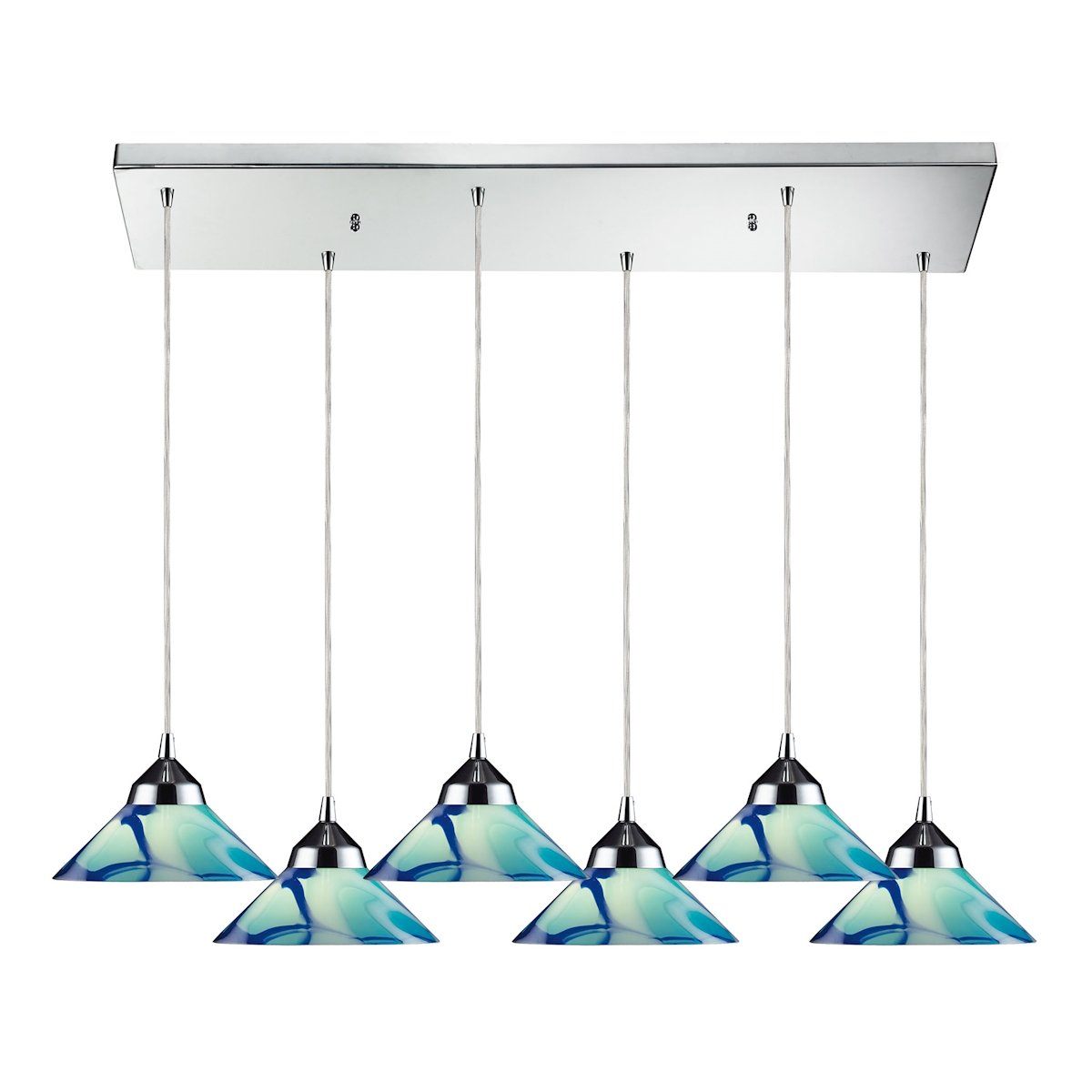 Refraction 6 Light Pendant In Polished Chrome And Caribbean Glass Ceiling Elk Lighting 