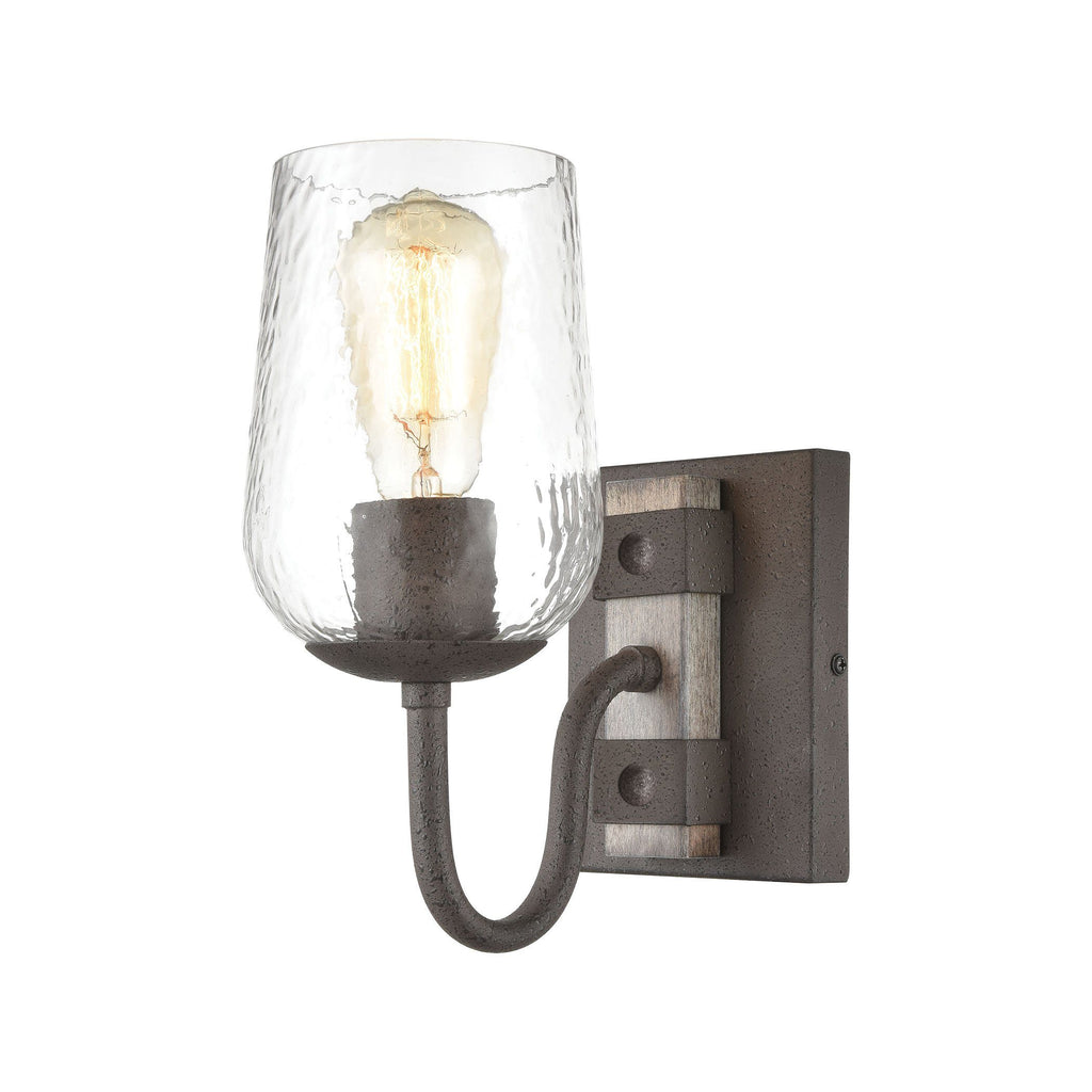 Dillon 1-Light Vanity Light in Vintage Rust with Clear Hammered Glass Wall Elk Lighting 